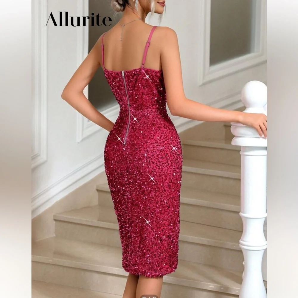 Women’s Red Sequin Thigh Slit Sleeveless Spaghetti Strap Cocktail Party Dress XL - Picture 9 of 14